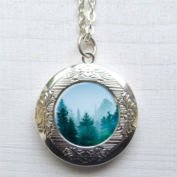 Forest Locket Necklace, Tree Locket, Mountain Necklace, Pine Tree Jewelry