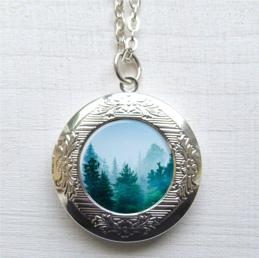 Forest Locket Necklace, Tree Locket, Mountain Necklace, Pine Tree Jewelry