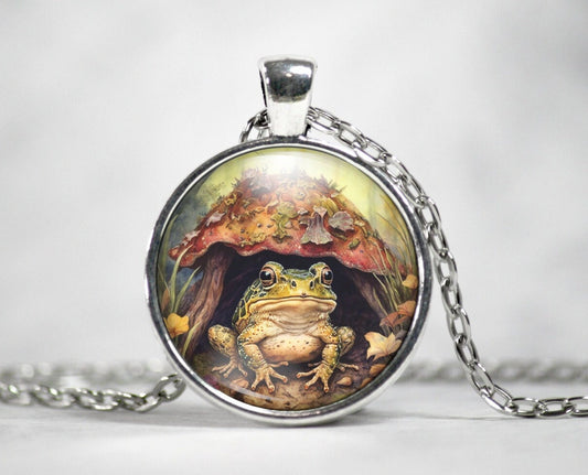 Frog Necklace, Frog With Toadstool Pendant, Charm For Frog Lovers