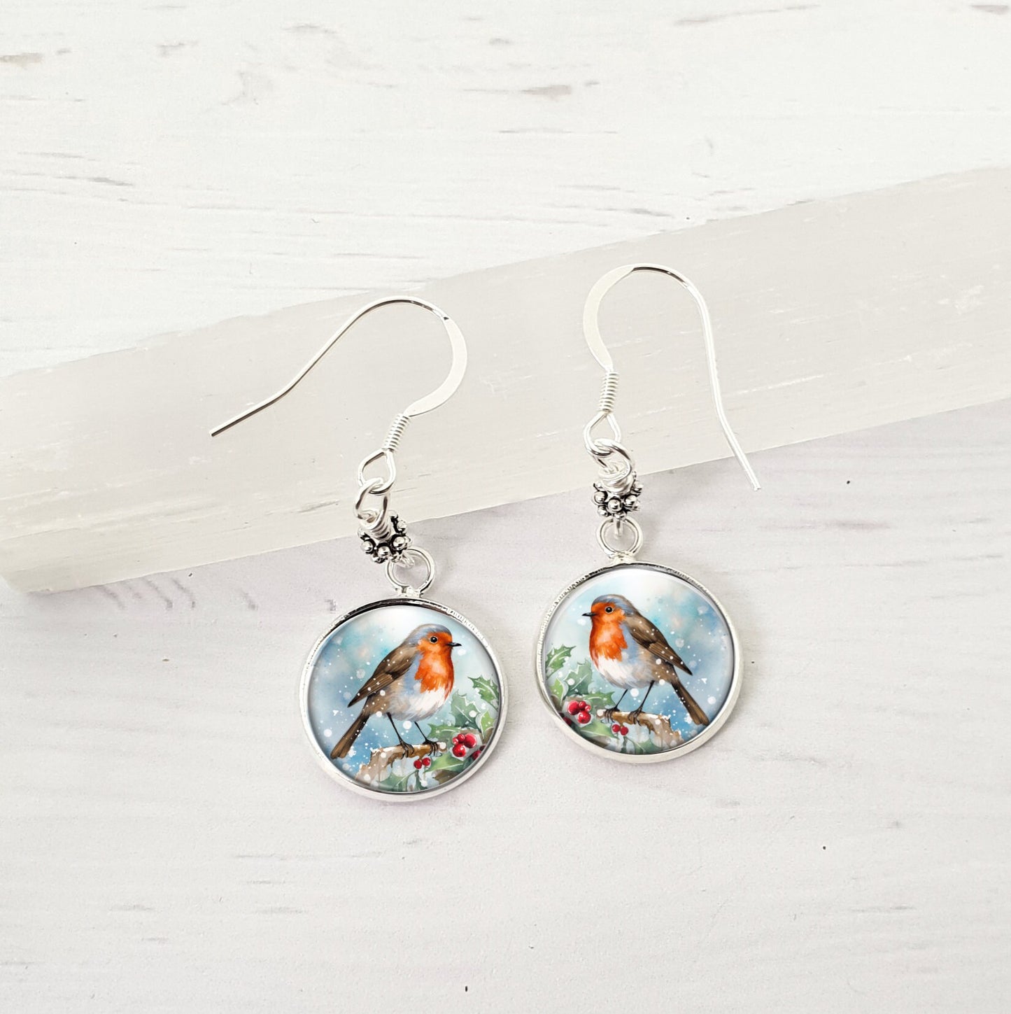 Christmas Robin Earrings, Dangly Drop Robin Earrings, Sterling Silver, Bird Lovers Gift