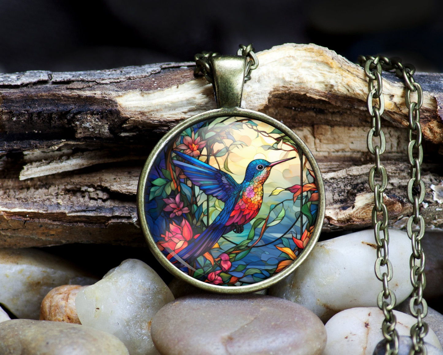 Hummingbird Necklace, Vibrant Hummingbird Pendant With Stained Glass Style