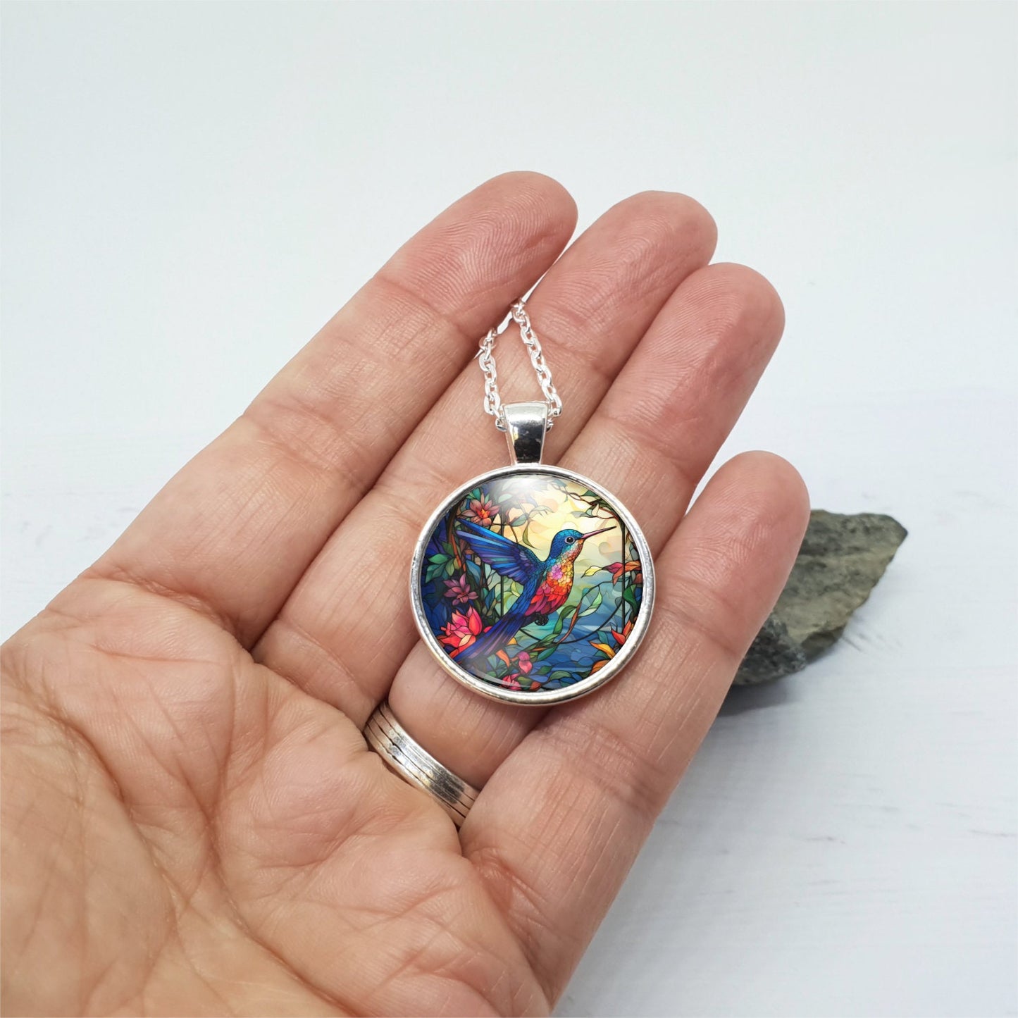Hummingbird Necklace, Vibrant Hummingbird Pendant With Stained Glass Style