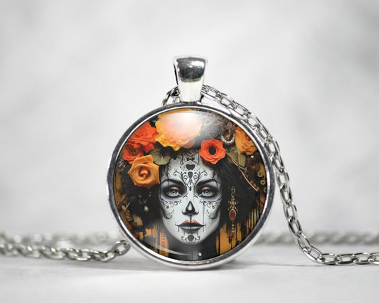 Halloween Necklace, Sugar Skull Pendant, Gothic Necklace