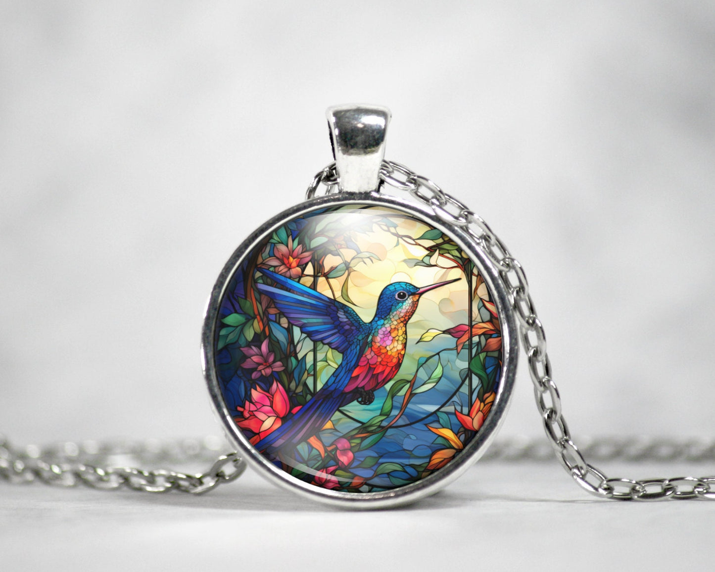 Hummingbird Necklace, Vibrant Hummingbird Pendant With Stained Glass Style
