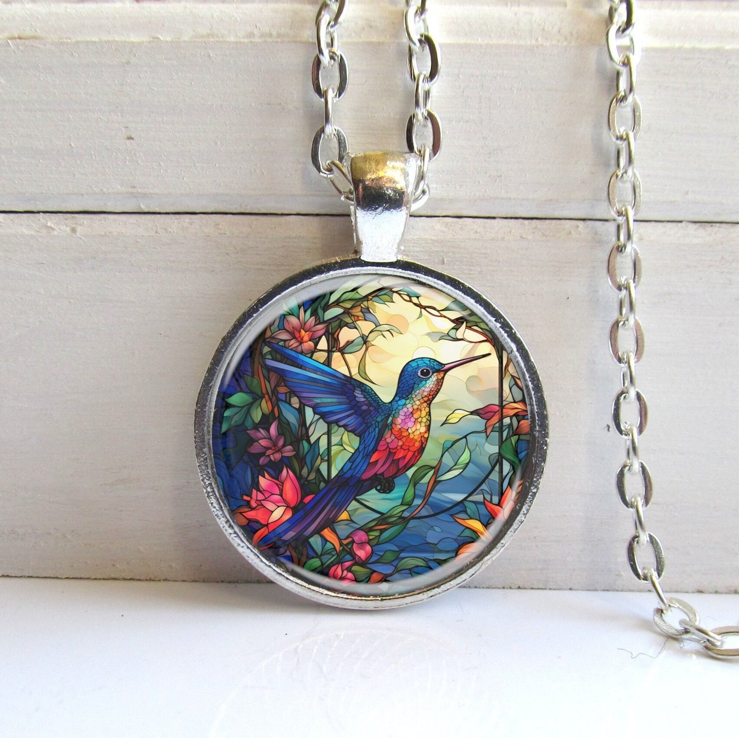 Hummingbird Necklace, Vibrant Hummingbird Pendant With Stained Glass Style