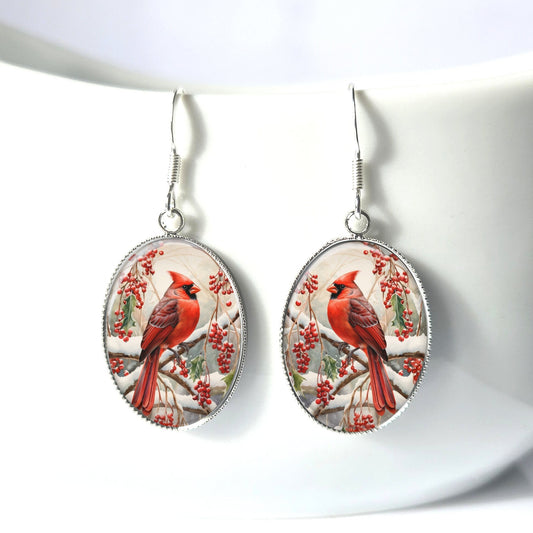 Christmas Cardinal Earrings, Sterling Silver, Bird Lovers Gift
