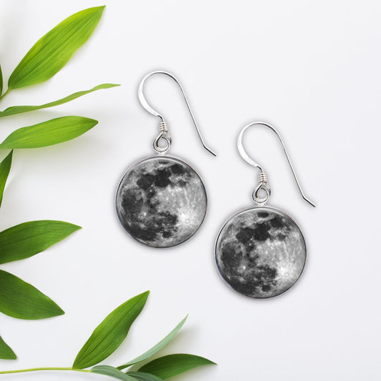 Full Moon Earrings, Sterling Silver Moon Dangles, Astronomy Jewelry