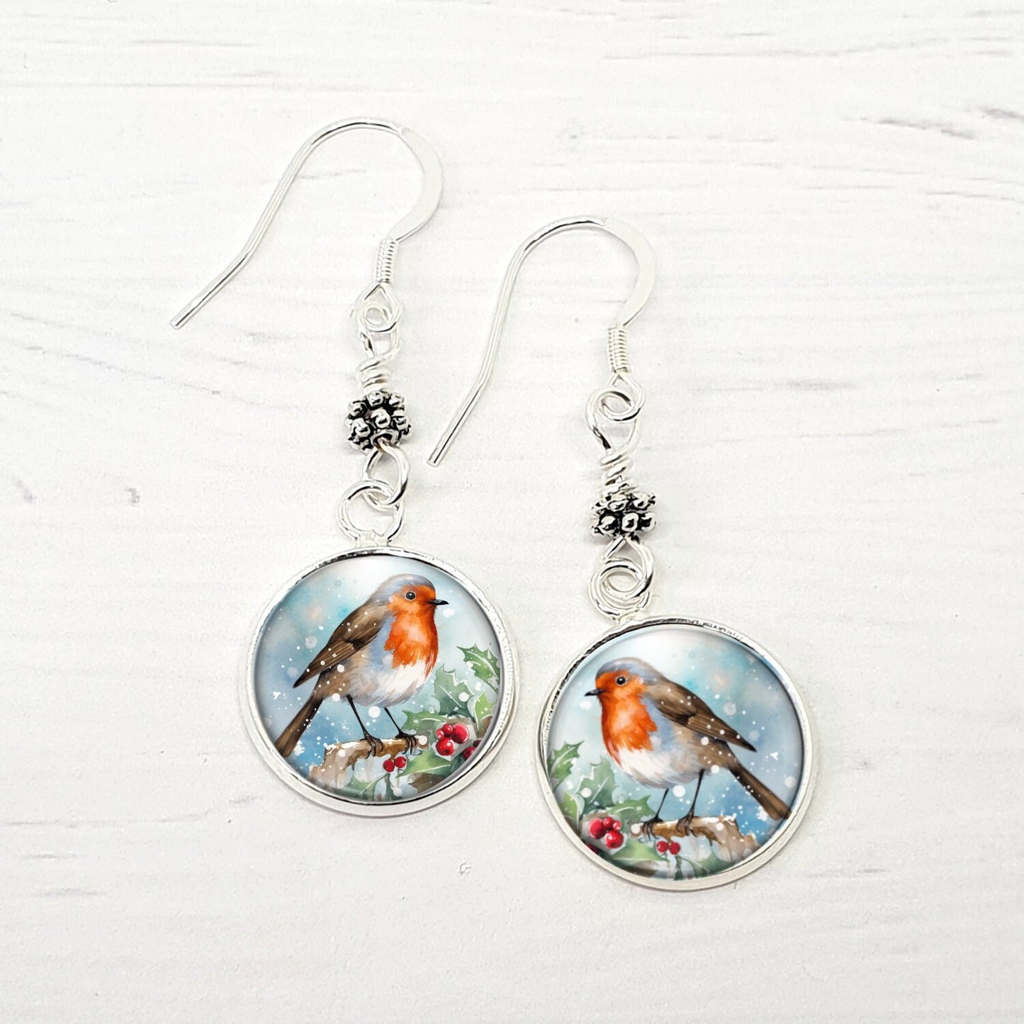 Christmas Robin Earrings, Dangly Drop Robin Earrings, Sterling Silver, Bird Lovers Gift