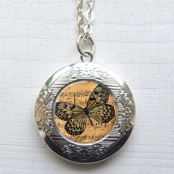 Locket, Altered Art Locket, Butterfly Jewelry, Butterfly Pendant, Photo Locket