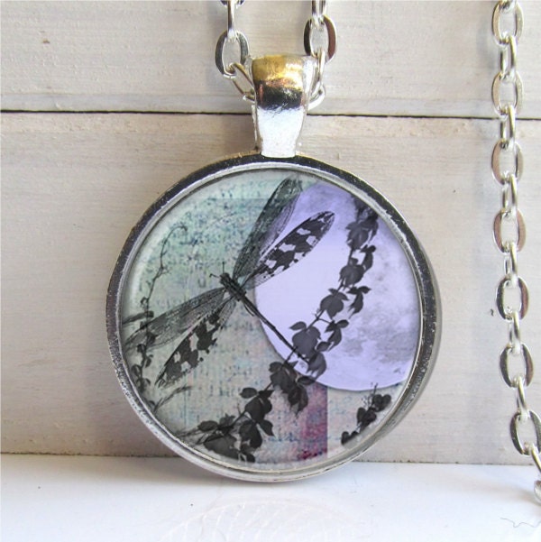 Dragonfly Pendant, Dragonfly Moon Art Pendant, Silver And Glass Dragonfly Necklace